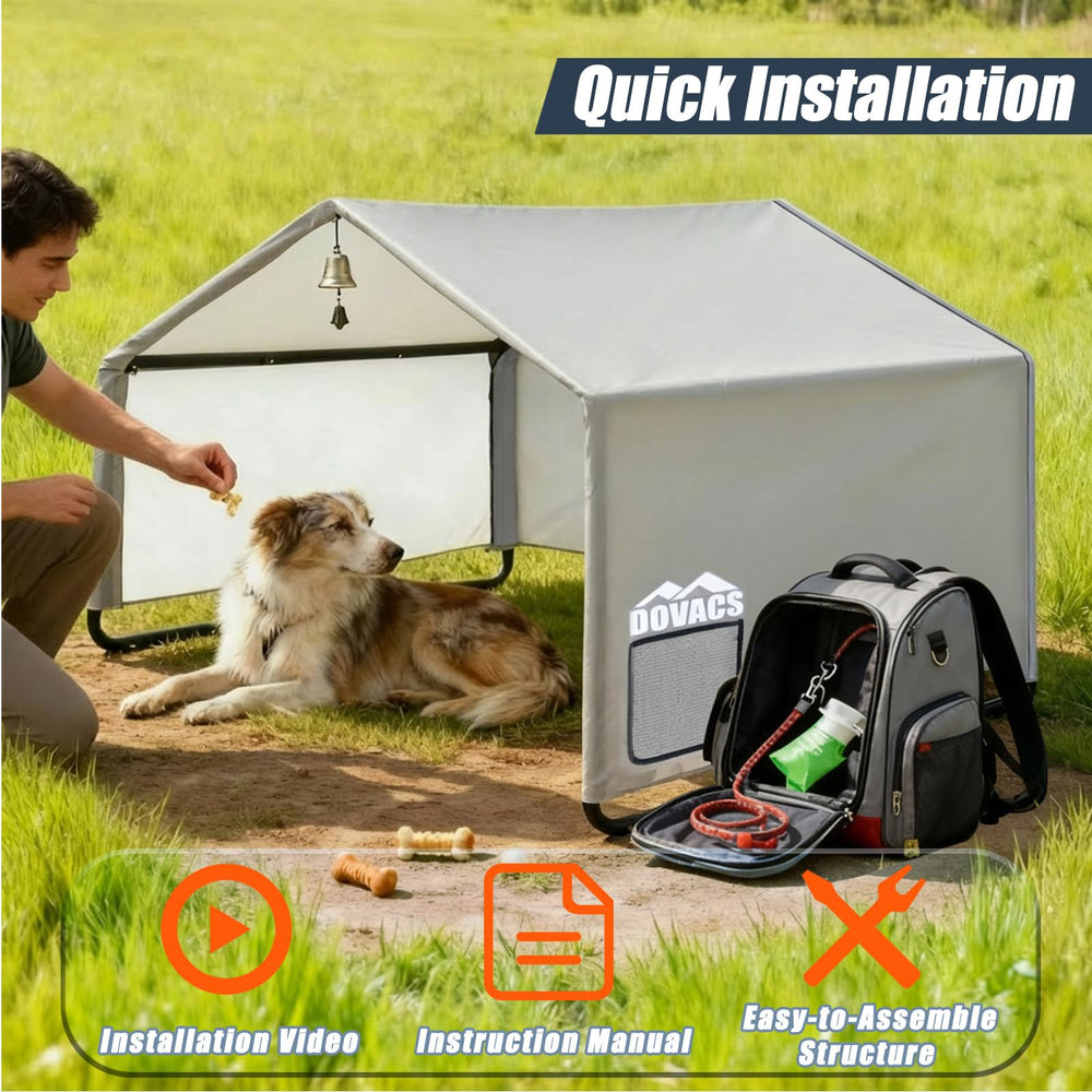 DOVACS easy-setup canopy demonstrates quick assembly and secure anchoring for pet owners.