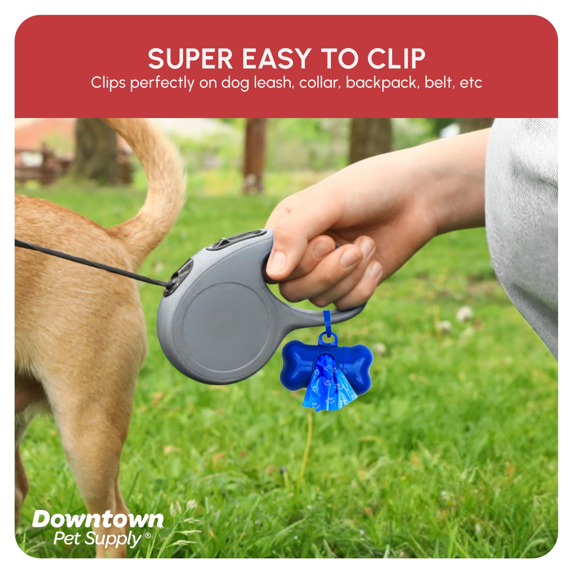 Downtown Pet Supply bone-shaped dispenser clips to your leash.
