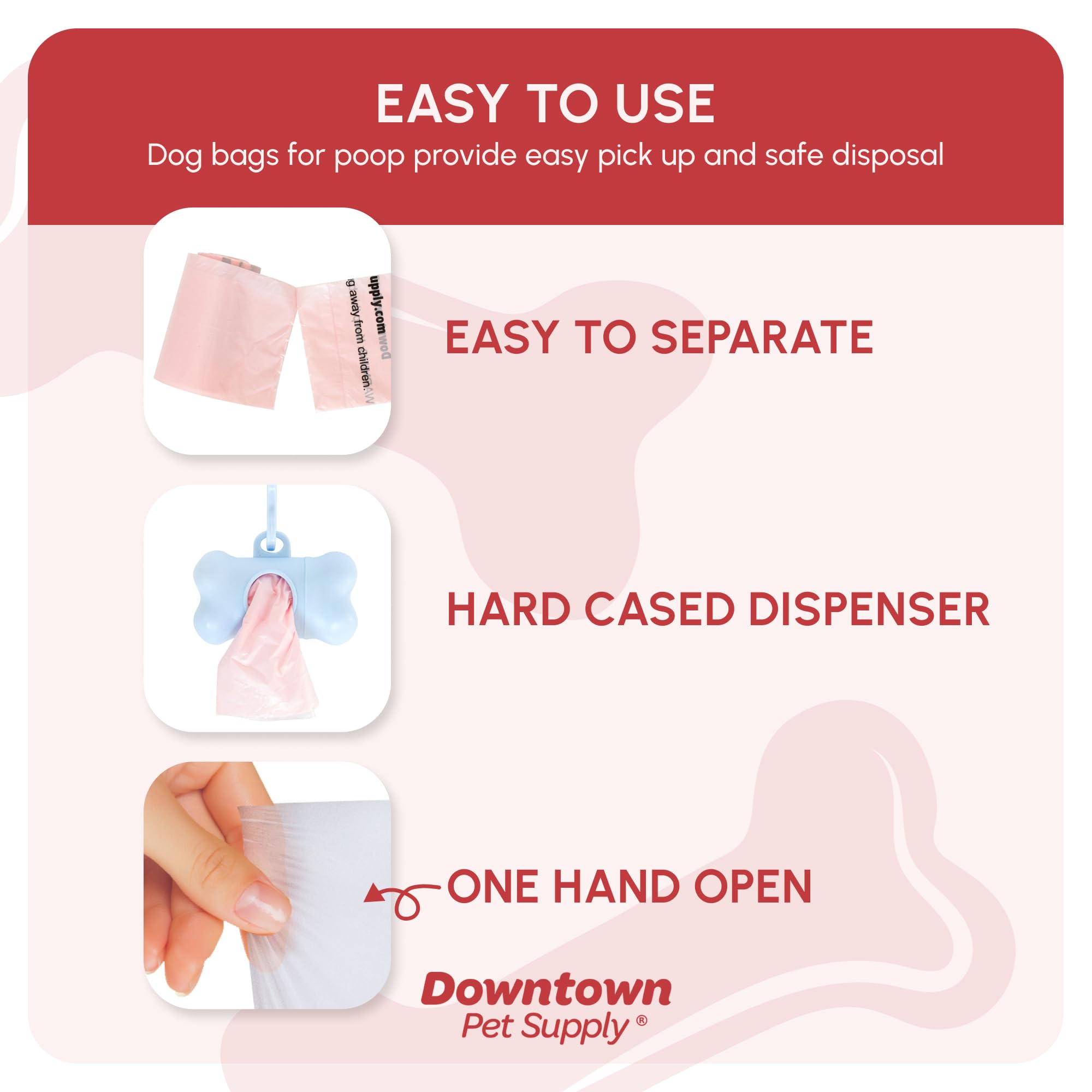 Downtown Pet Supply bone-shaped poop bag holder on leash, convenient on-the-go pickup.
