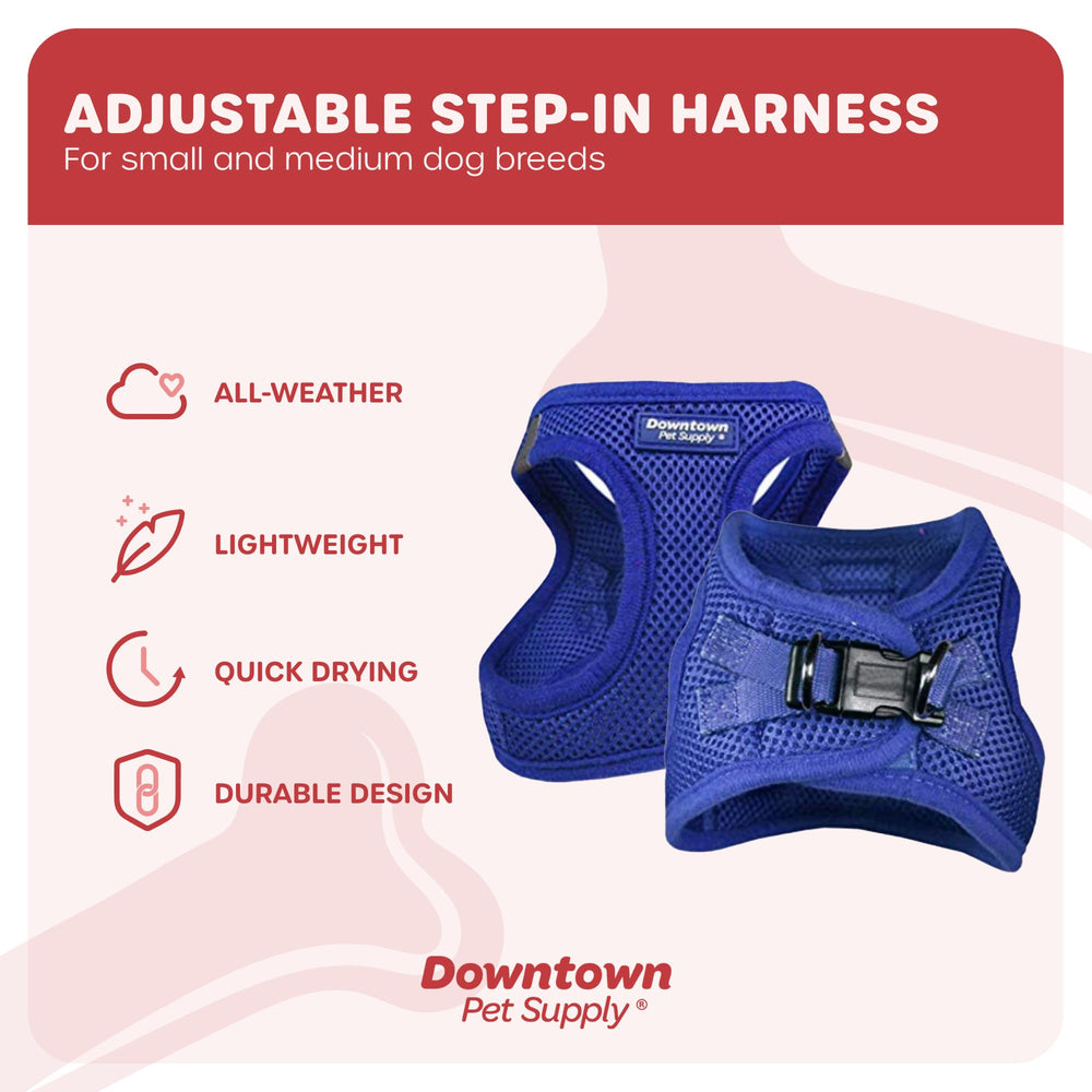 Downtown Pet Supply Reflective trim harness enhances visibility during evening strolls.