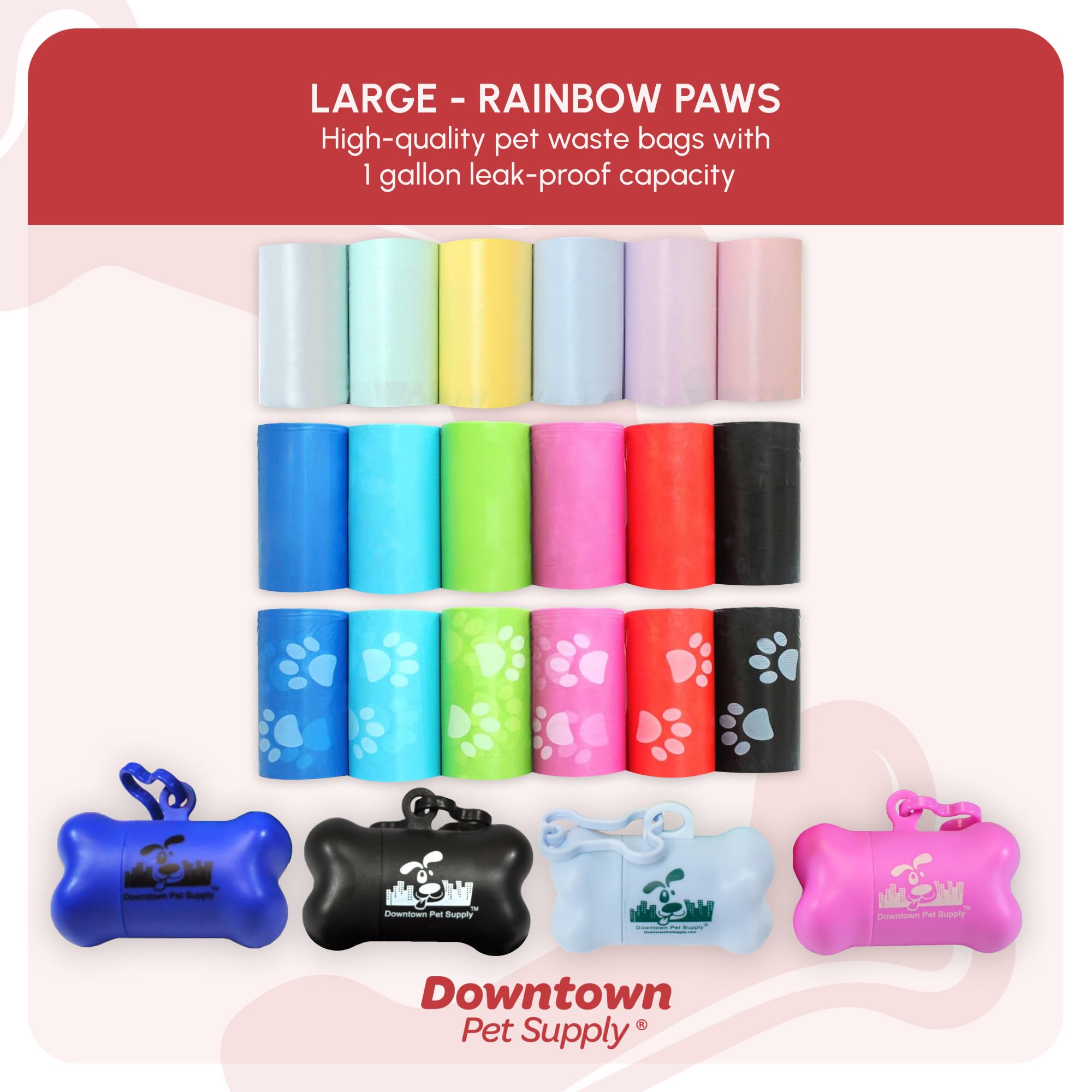 Downtown Pet Supply packaging shows reliable quality for dog waste bags.