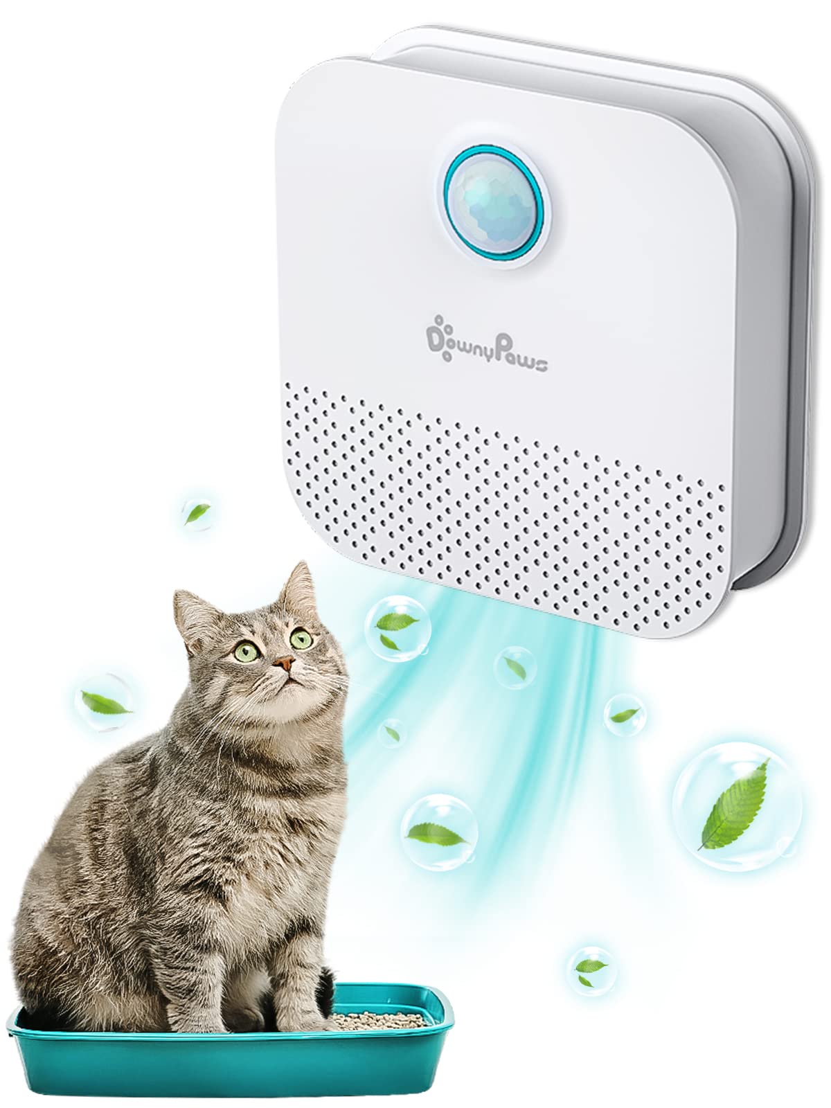 DownyPaws cat litter deodorizer front view showing compact design and odor control