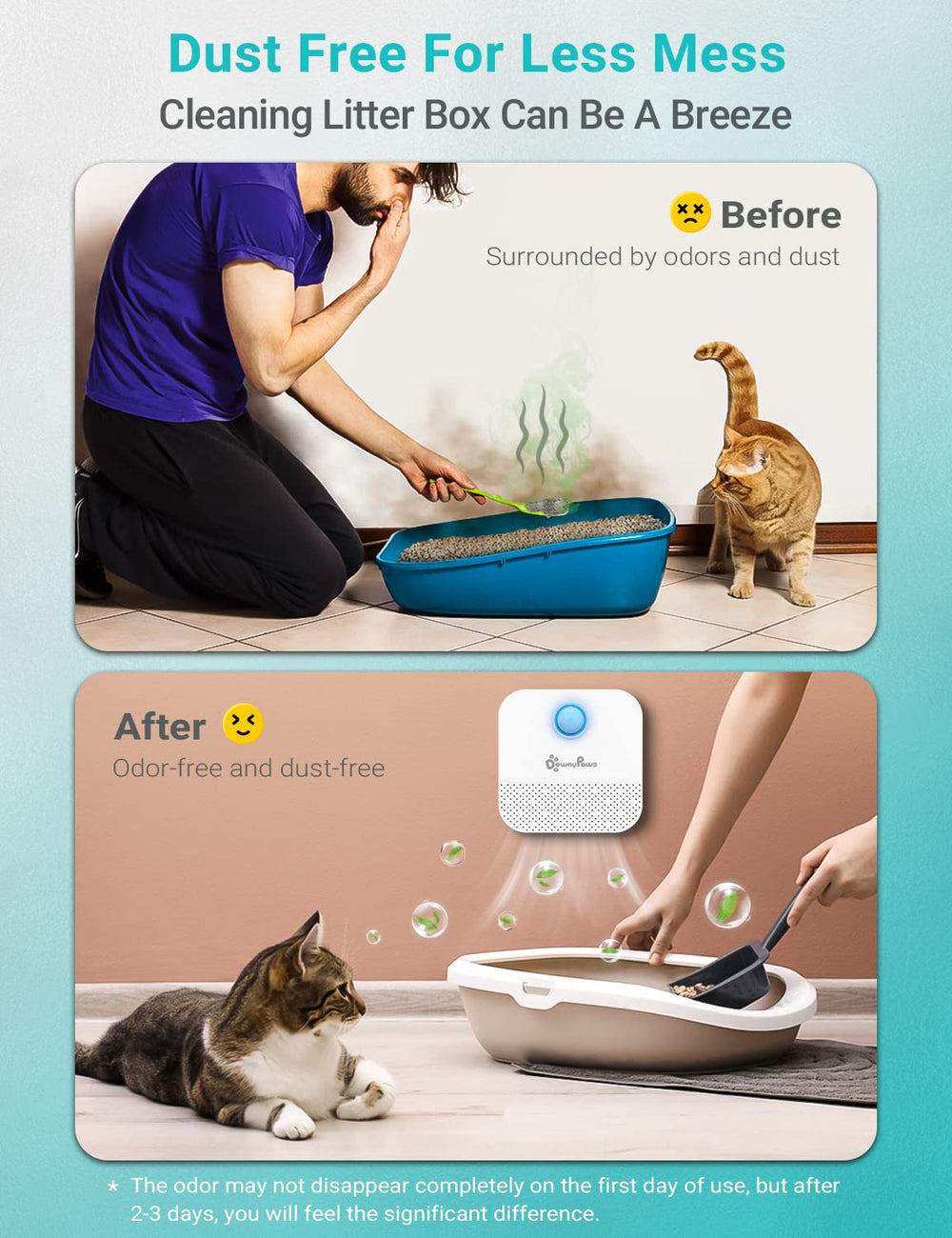 DownyPaws deodorizer packaging for easy setup and shopping clarity