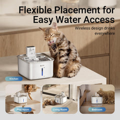 DownyPaws cat water fountain battery compartment emphasizes cordless setup for flexible placement.