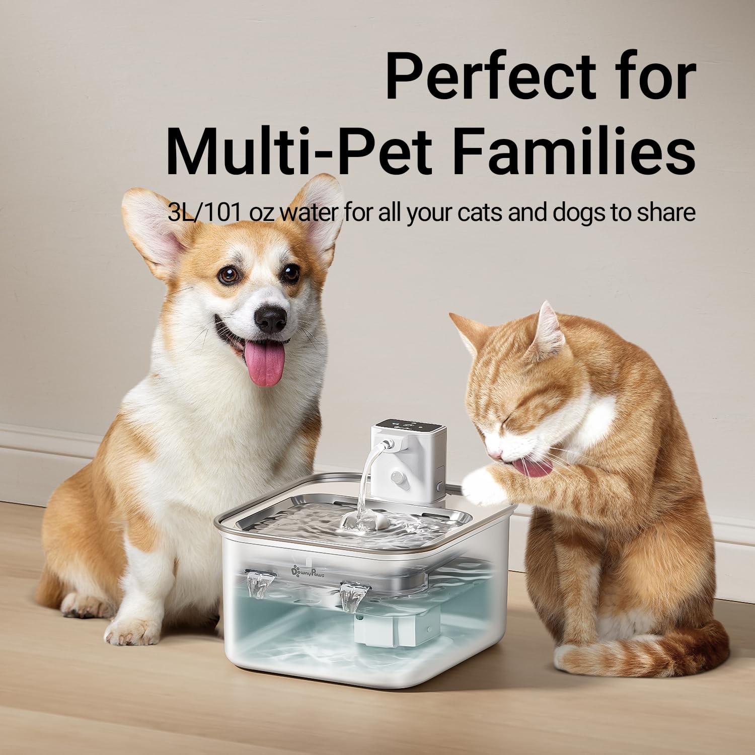 DownyPaws cat water fountain easy-clean detachable design simplifies maintenance.