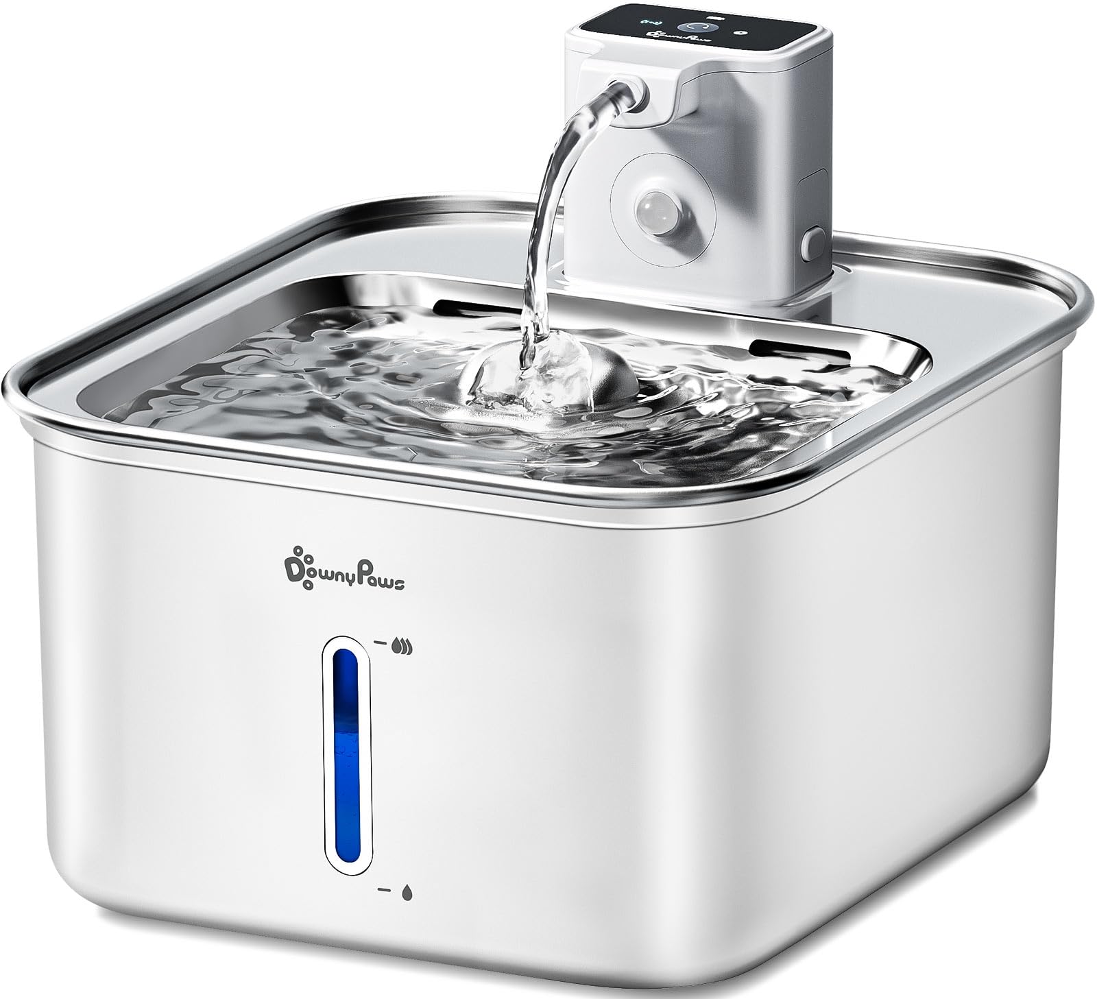 DownyPaws cat water fountain stainless front view highlights hygienic hydration with a sleek, durable surface.