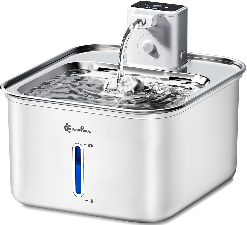 DownyPaws cat water fountain stainless front view highlights hygienic hydration with a sleek, durable surface.