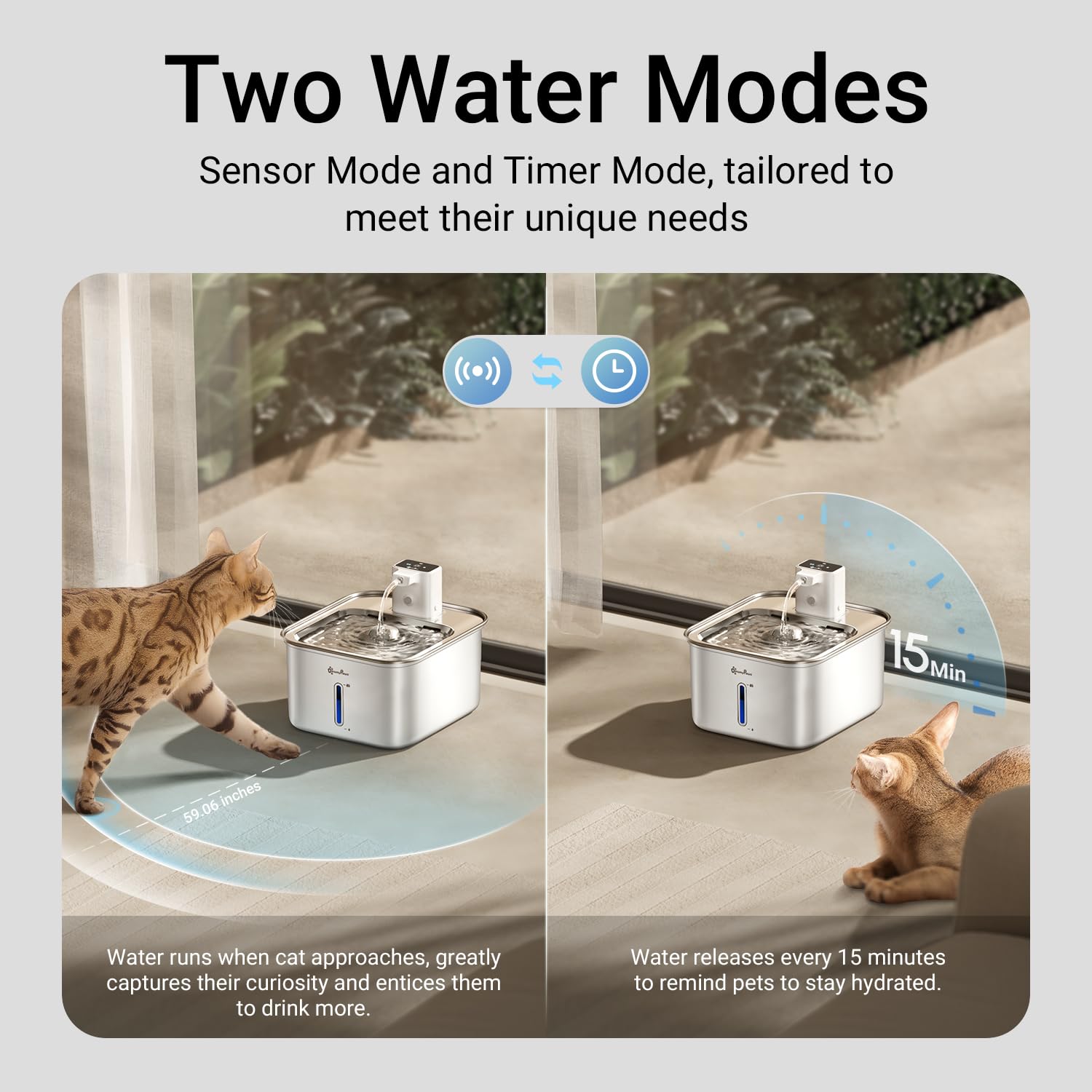 DownyPaws cat water fountain wireless design communicates freedom to position anywhere.