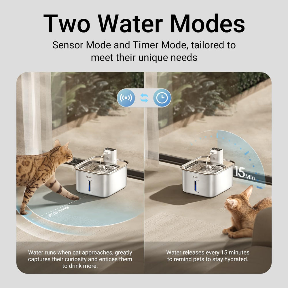 DownyPaws cat water fountain wireless design communicates freedom to position anywhere.
