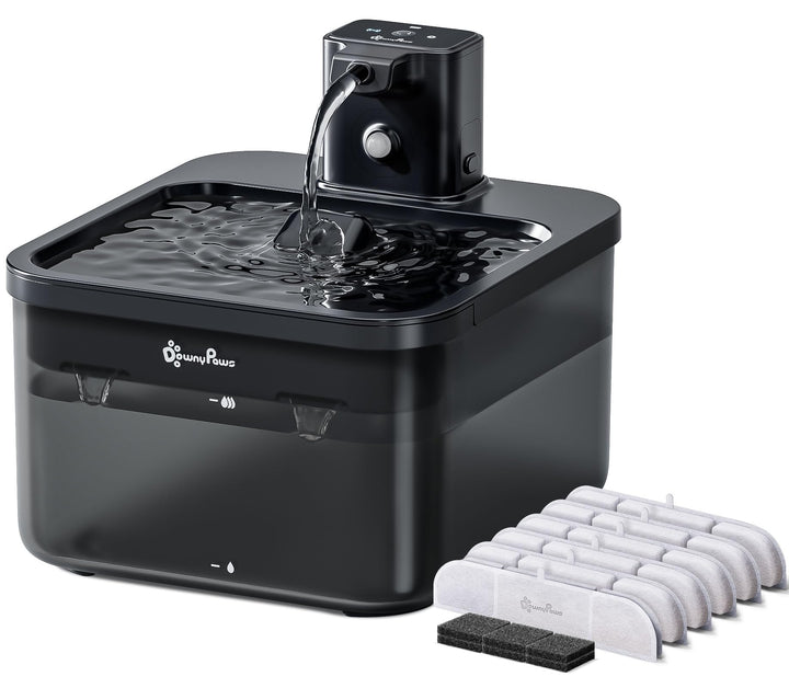 DownyPaws cordless water fountain front view promotes mess-free hydration for curious cats.