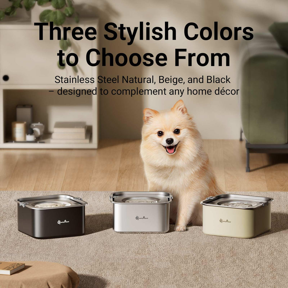 DownyPaws spill-proof bowl with wide mouth for easy filling.