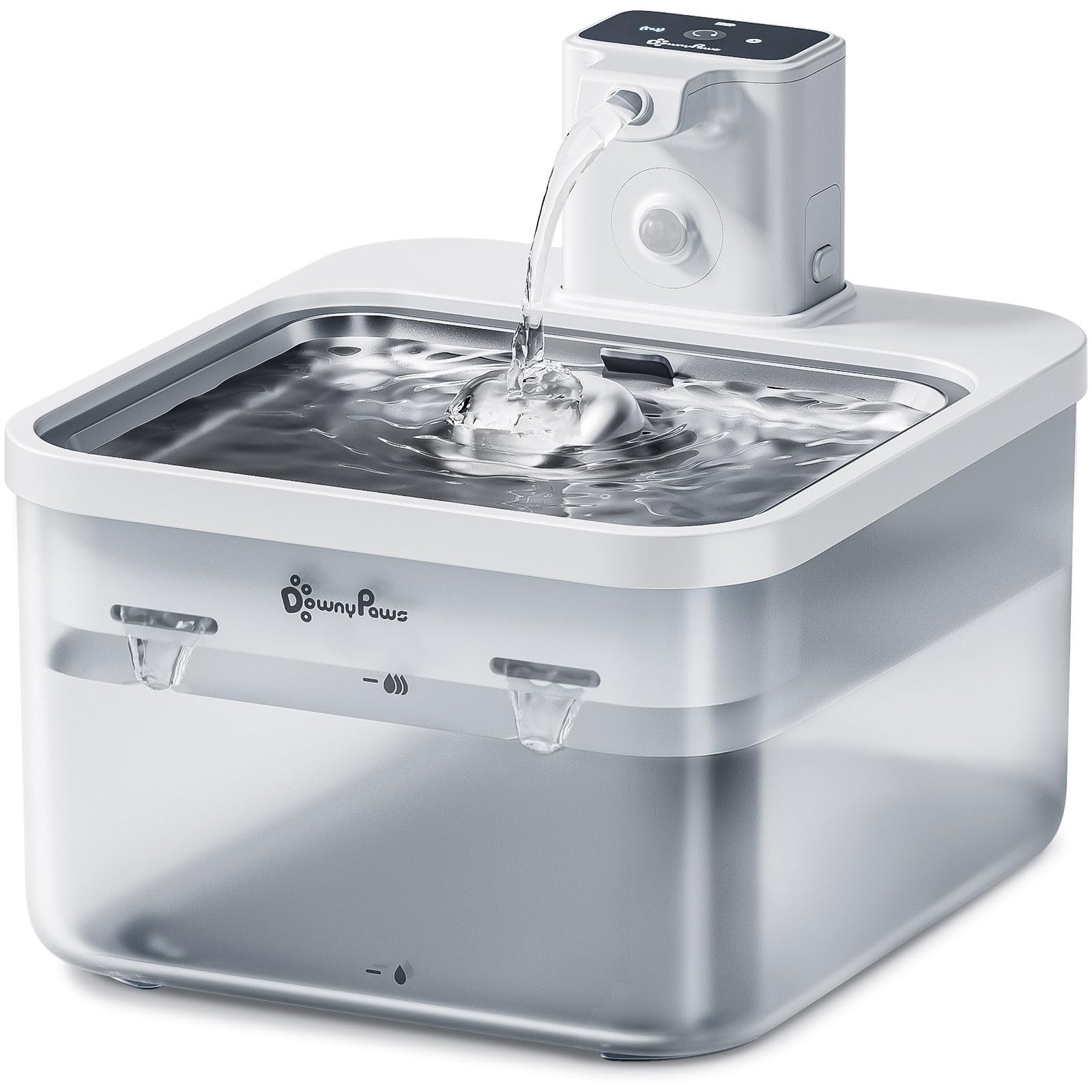DownyPaws water fountain battery capacity for extended cordless use in any room.