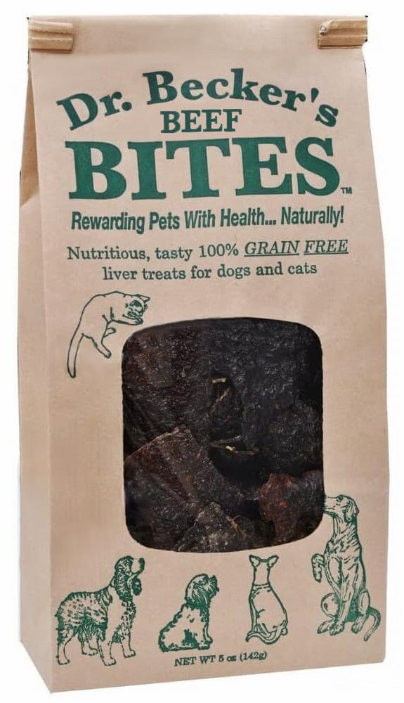Dr. Becker's Beef Bites bottle label shows human-grade beef liver for premium protein.