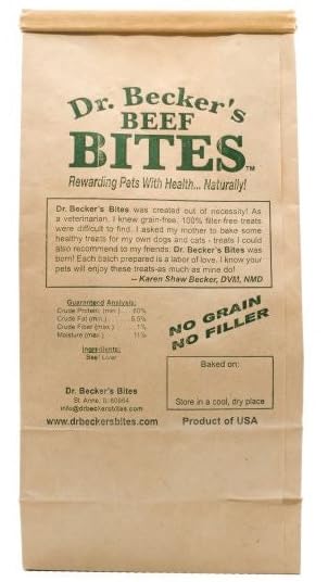Dr. Becker's Beef Bites senior dog image suggests easy-chew option for aging pets.