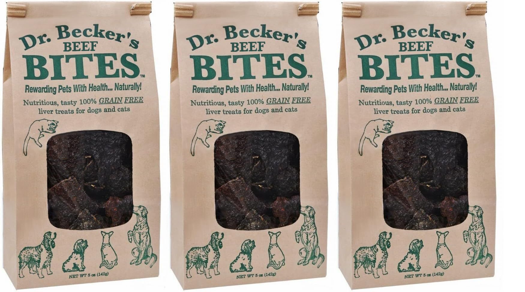 Dr. Becker's Original Beef Bites packaging showing ingredients and trust factors.