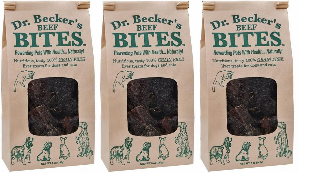 Dr. Becker's Original Beef Bites packaging showing ingredients and trust factors.
