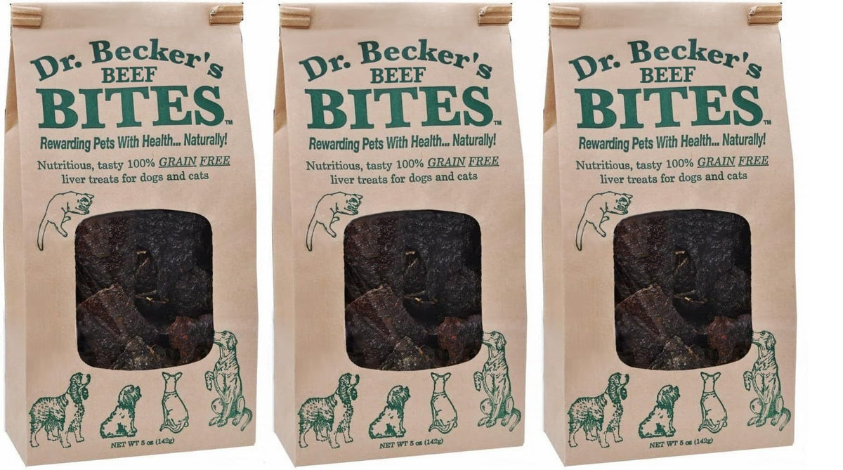 Dr. Becker's Original Beef Bites packaging showing ingredients and trust factors.