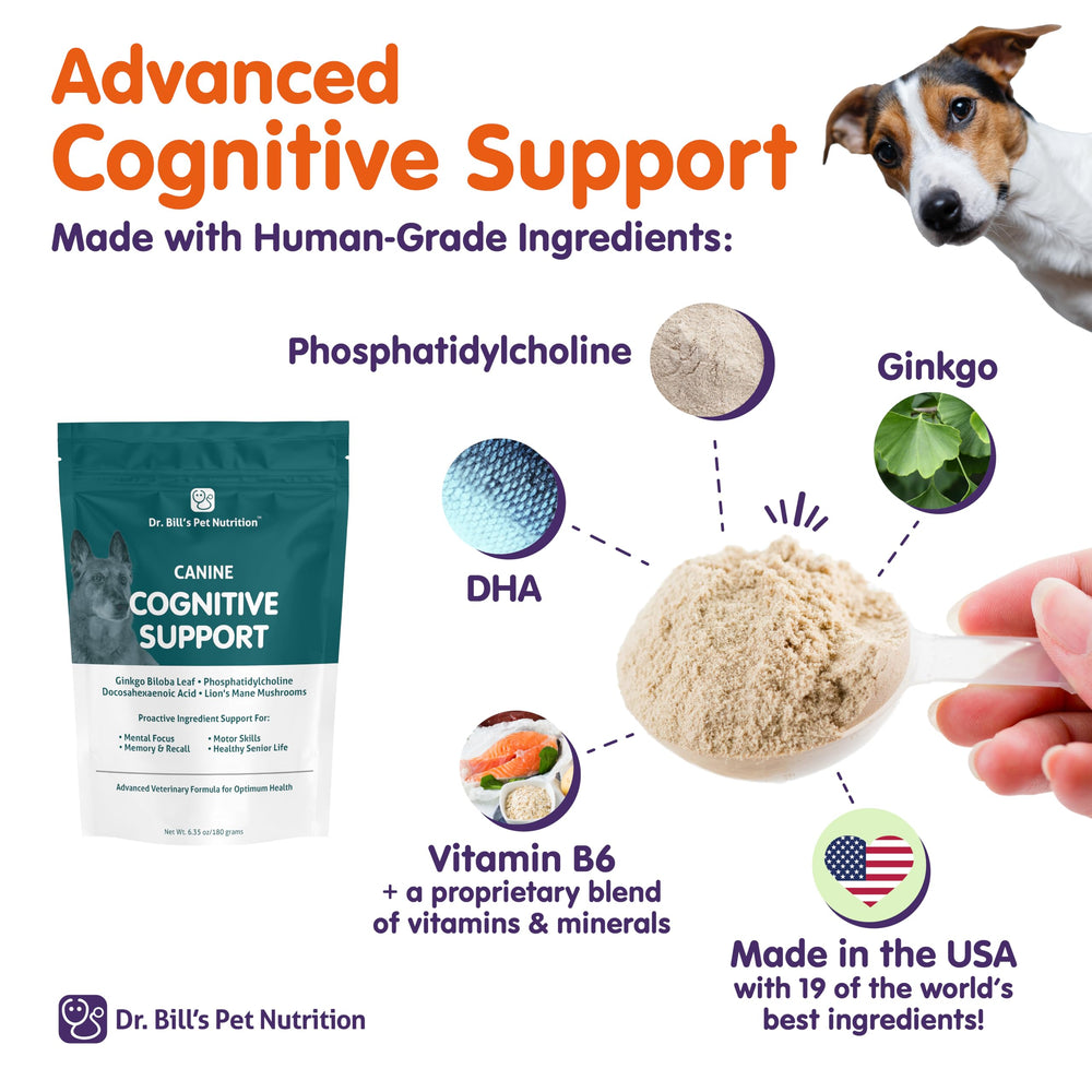 Packaging of Dr. Bill's Canine Cognitive Support with USA-made badge