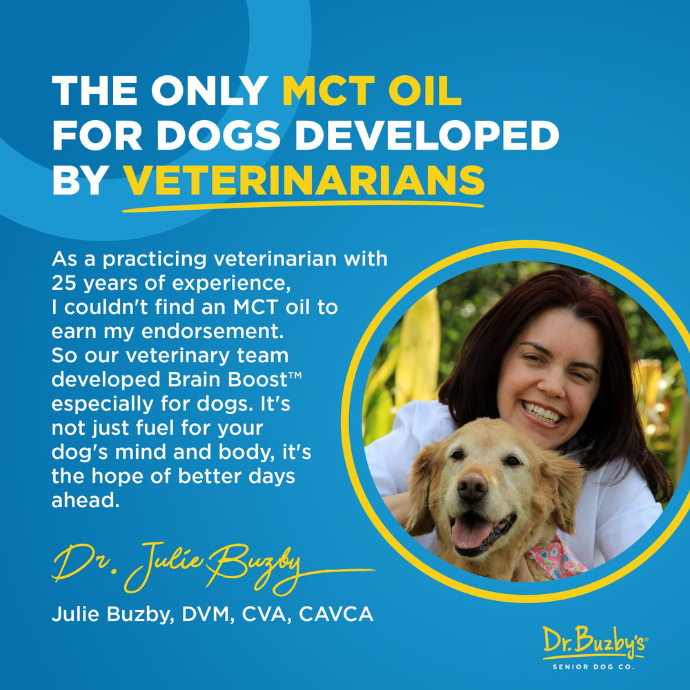 Close-up of Dr. Buzby's Brain Boost label highlighting organic, MCT-rich formula.