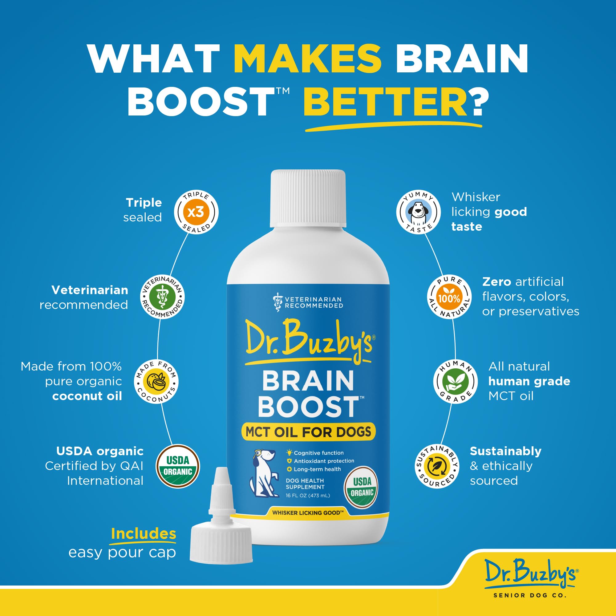 Dr. Buzby's Brain Boost senior dog enjoying a tasty supplement.