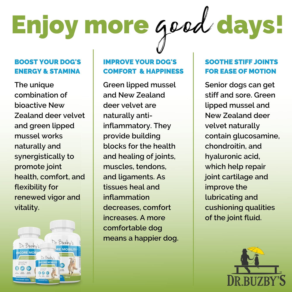 Dr. Buzby’s Encore Mobility bottle with dosage guidelines visible.