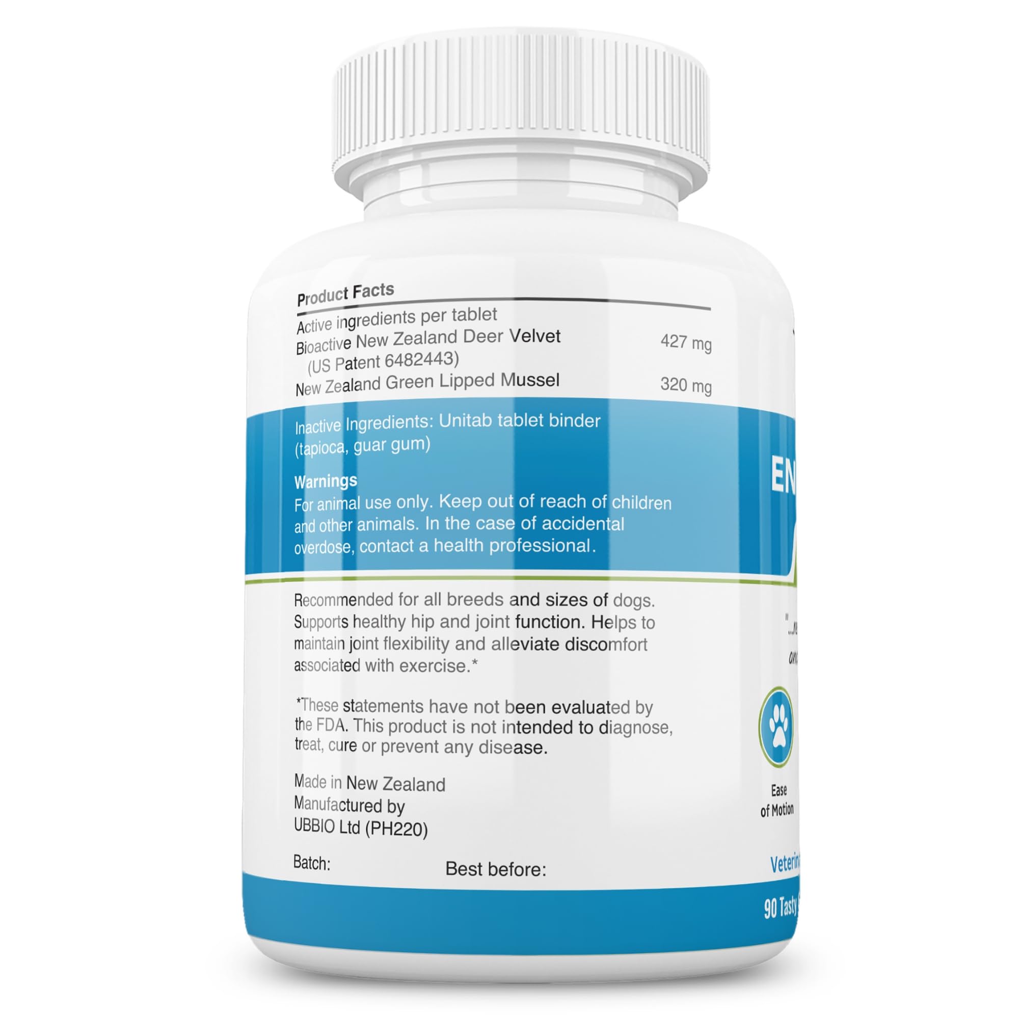 Dr. Buzby’s Encore Mobility green-lipped mussel tablet promotes hip flexibility in dogs.