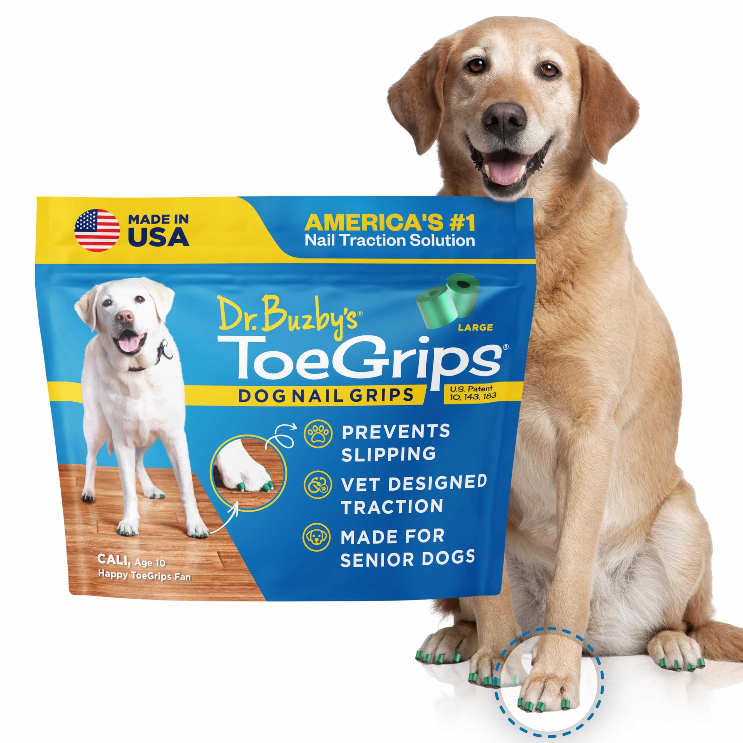 Dr. Buzby\'s ToeGrips on a dog paw showing traction on wood floors