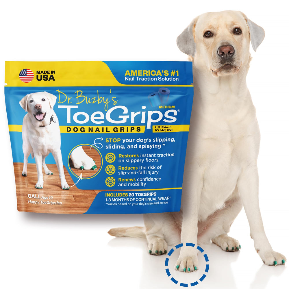 Packaging and size chart shown for Dr Buzby's ToeGrips.