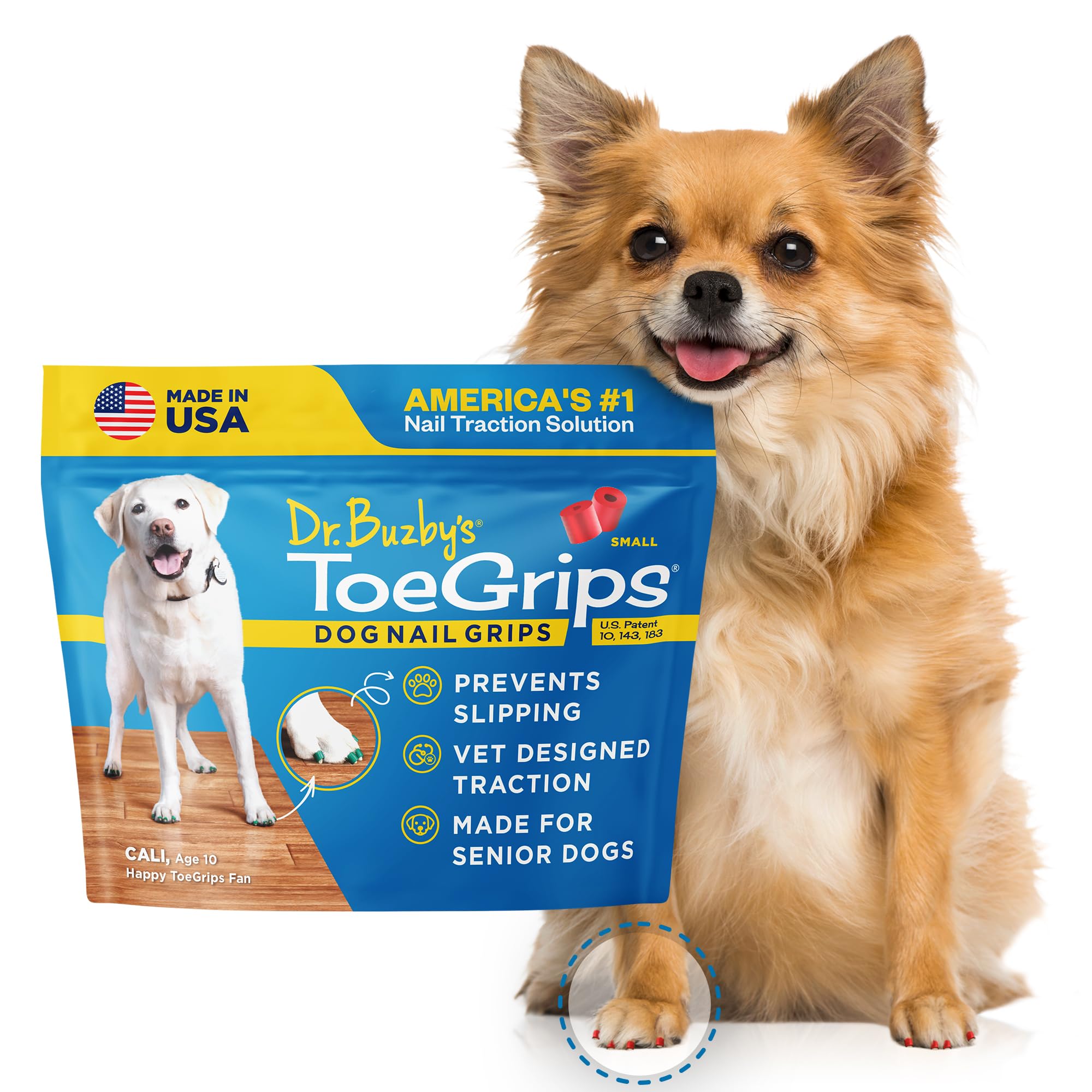 Dr. Buzby's ToeGrips provide instant traction on wood floors for confident dogs.