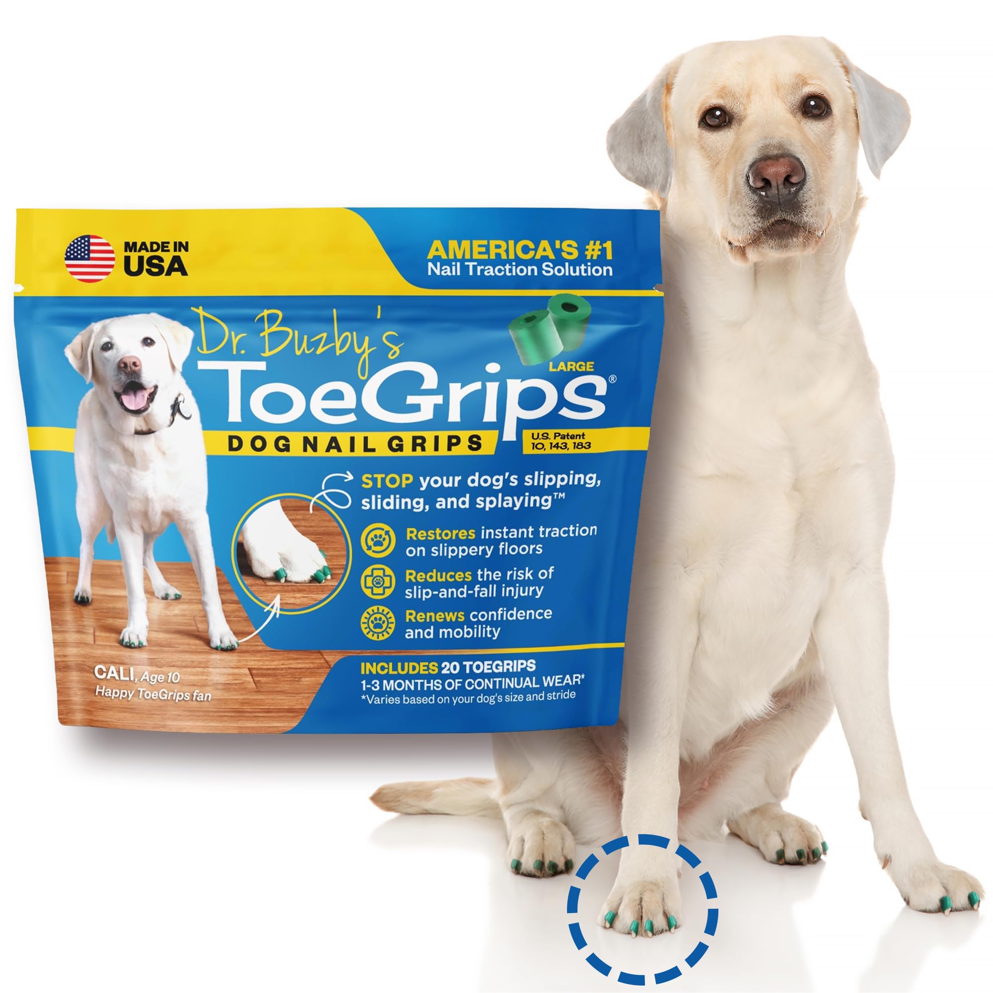 Dr. Buzby\'s ToeGrips packaging with illustrated instructions