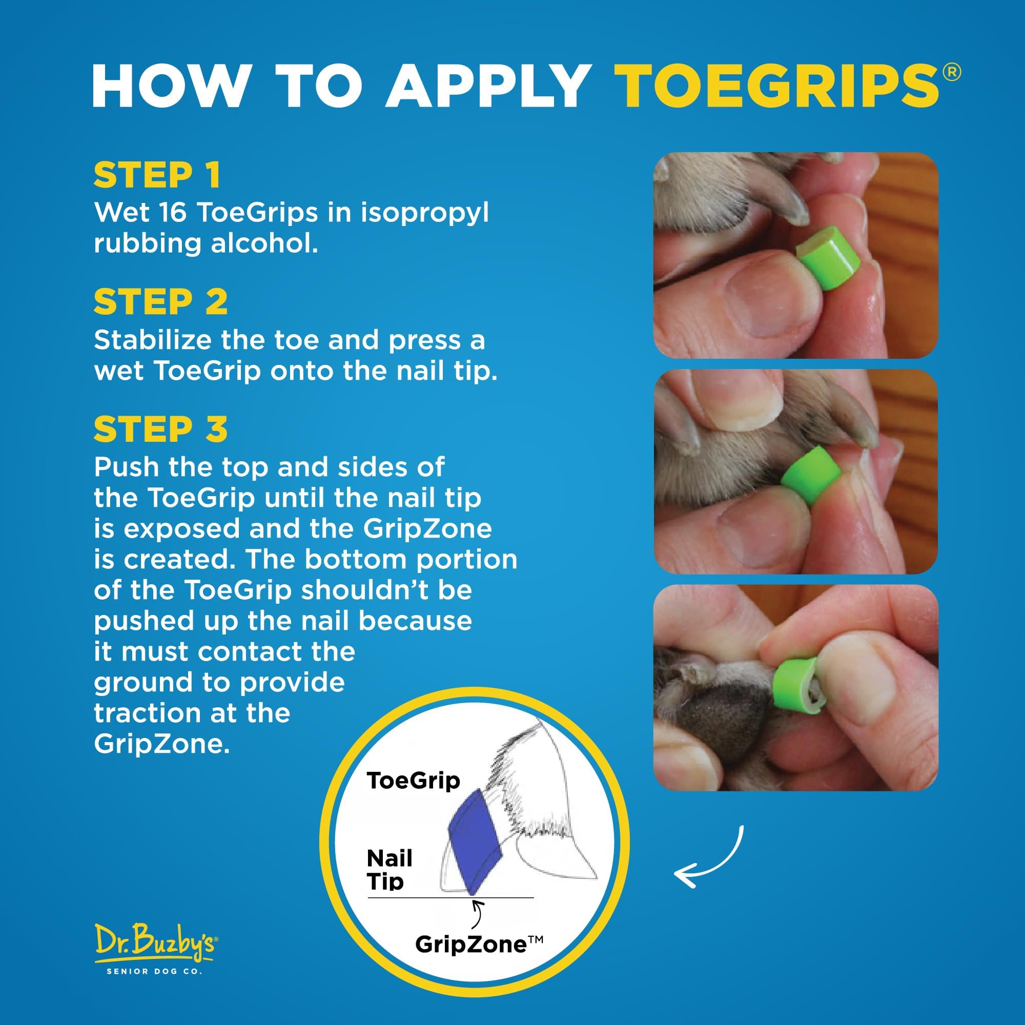Dr. Buzby's ToeGrips offer a non-slip solution on wood floors for traction.