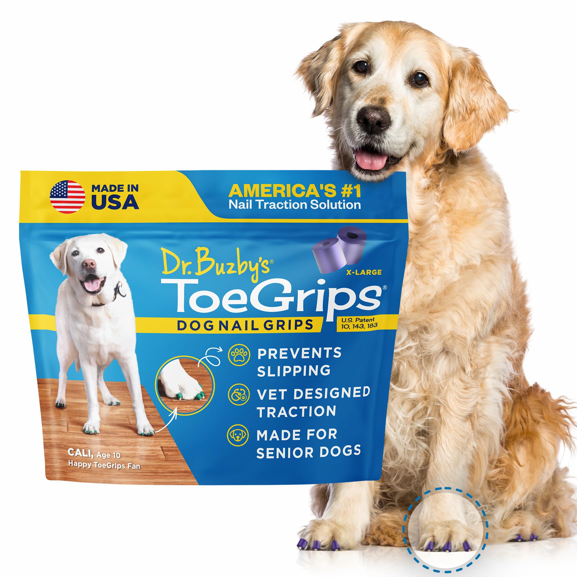 Dr. Buzby's ToeGrips XLarge on dog nails for instant traction on slick floors
