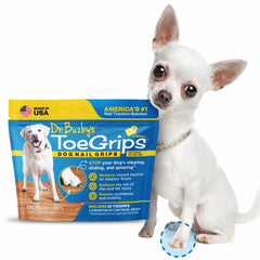 Dr. Buzby's ToeGrips on dog nails for secure footing on smooth floors.