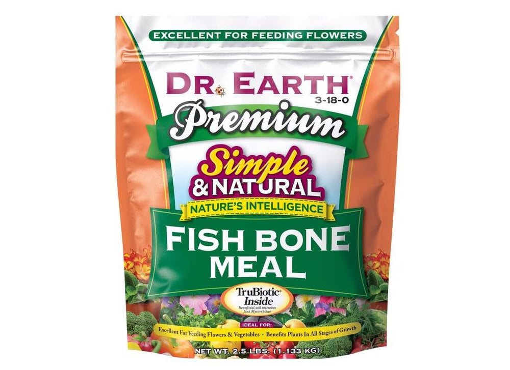 Dr Earth fish bone meal 3-18-0 bag view, nutrient-rich soil enhancer for roots