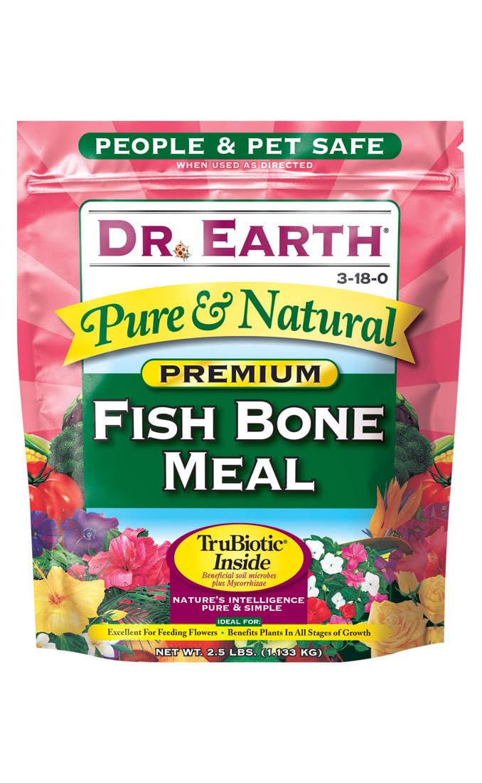 Dr Earth fish bone meal 3-18-0 packaging closeup, clean garden-friendly packaging