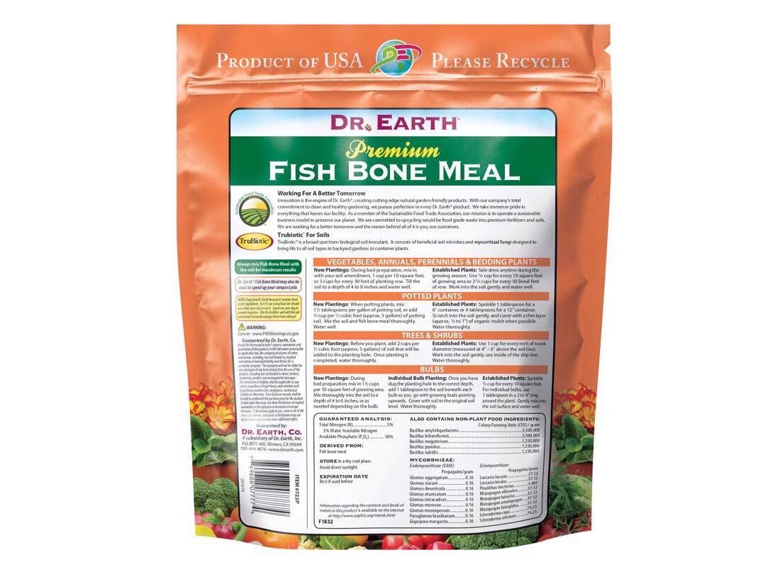 Dr Earth fish bone meal 3-18-0 soil application being added around plants