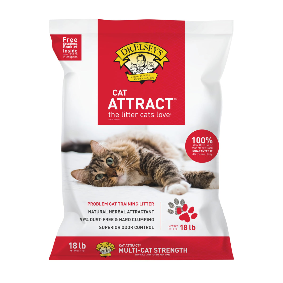 Dr. Elsey's Cat Attract bag front showing premium clumping litter for easy scooping