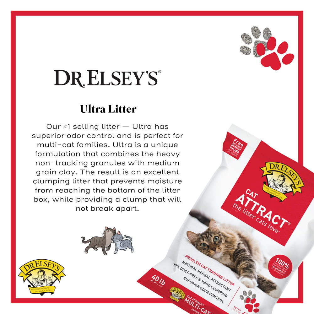 Dr. Elsey's Cat Attract litter in a box emphasizes low dust and tidy setup.