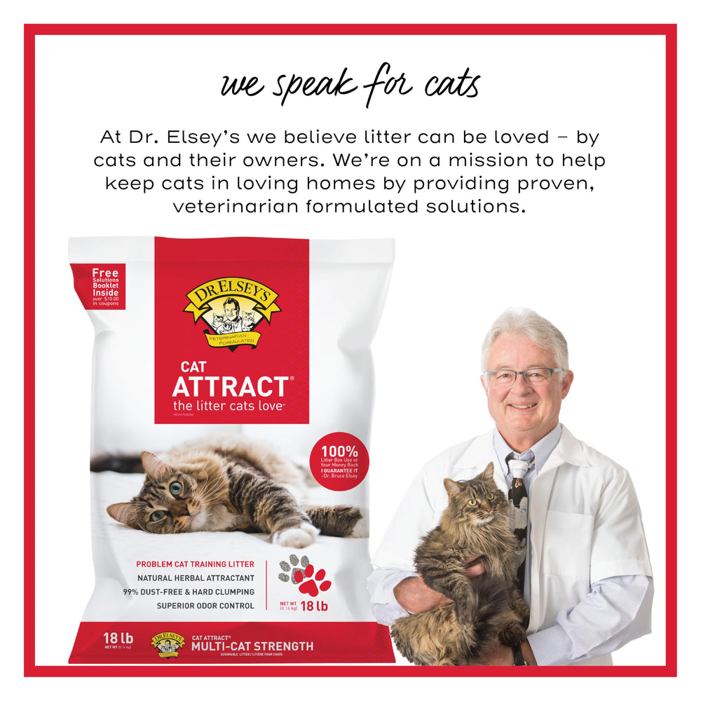 Dr. Elsey's Cat Attract packaging displays the free Litter Box Solutions Booklet