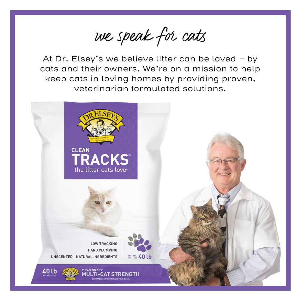 Dr. Elsey's Clean Tracks 40-lb bag offers long-lasting litter supply.
