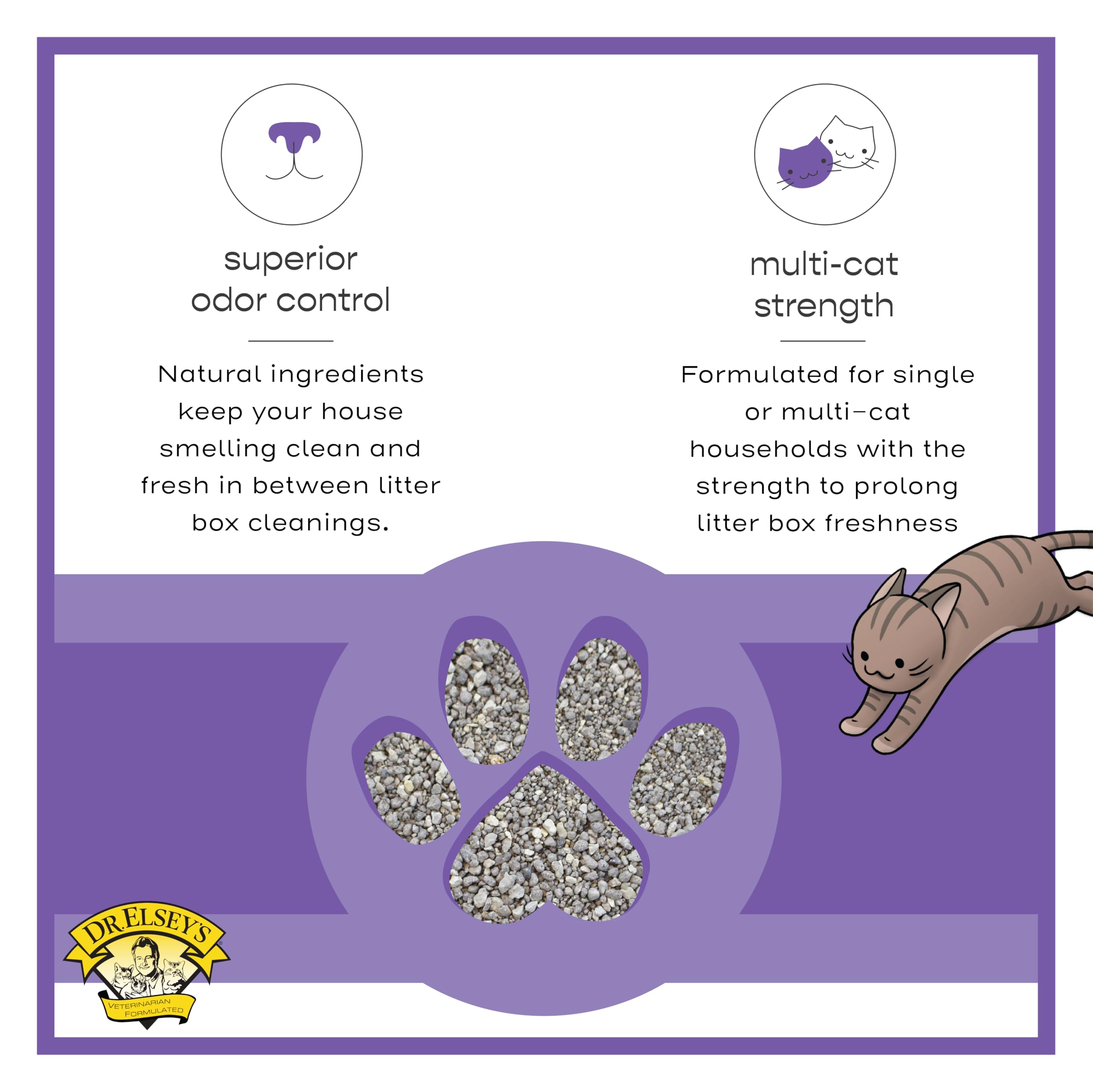 Dr. Elsey's Clean Tracks low-tracking litter keeps litter in the box.