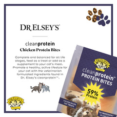 Dr. Elsey's Cleanprotein Bites Chicken close-up of grain-free formula benefits.