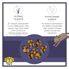 Dr. Elsey's cleanprotein chicken kibble ingredient highlights featuring quality proteins.