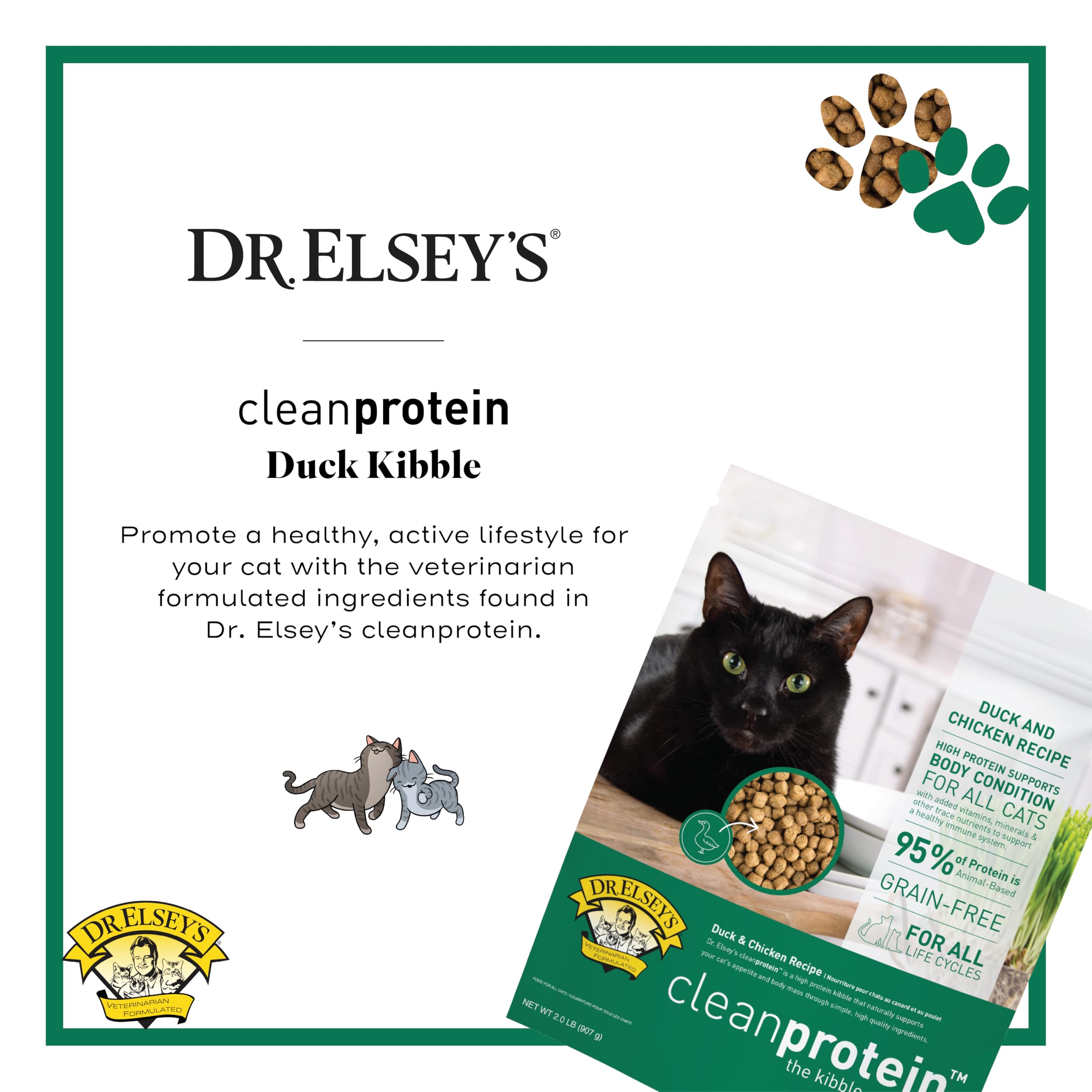 Dr. Elsey's Cleanprotein duck kibble bag with label highlights grain-free, high-protein formula.
