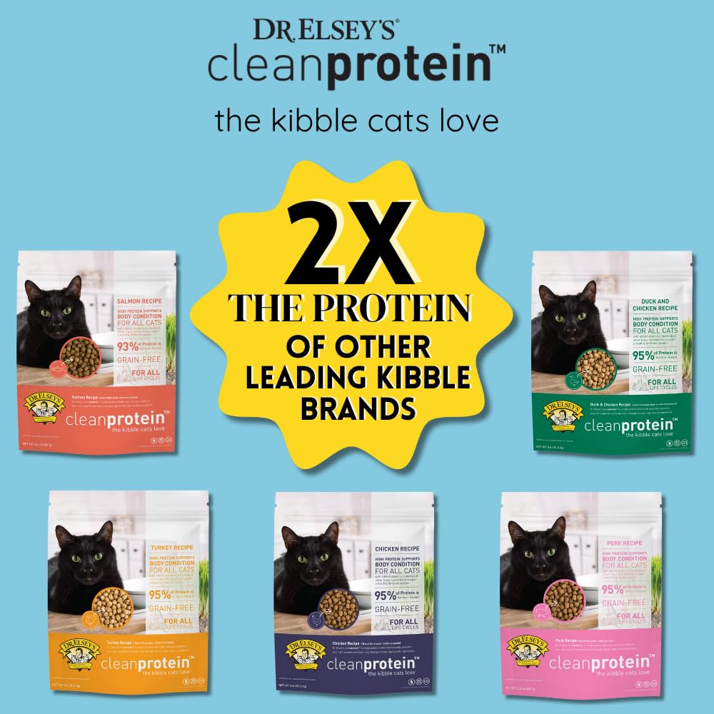 Cat enjoying Dr. Elsey's Cleanprotein duck kibble during mealtime.