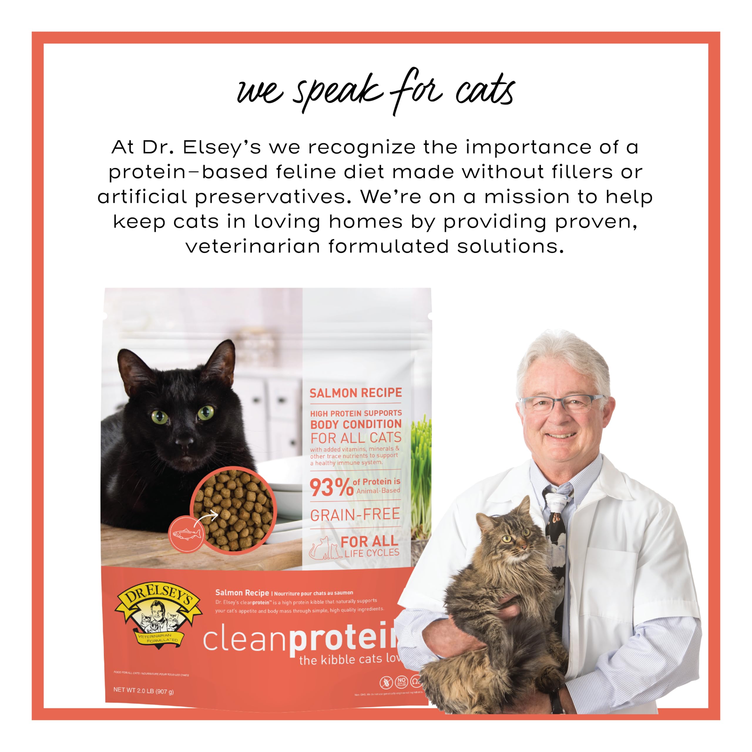 Dr. Elsey's Salmon formula panel hints omega-3 fats for coat health.