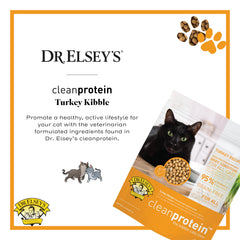 Dr. Elsey's Cleanprotein turkey kibble bag label closeup shows first ingredient turkey