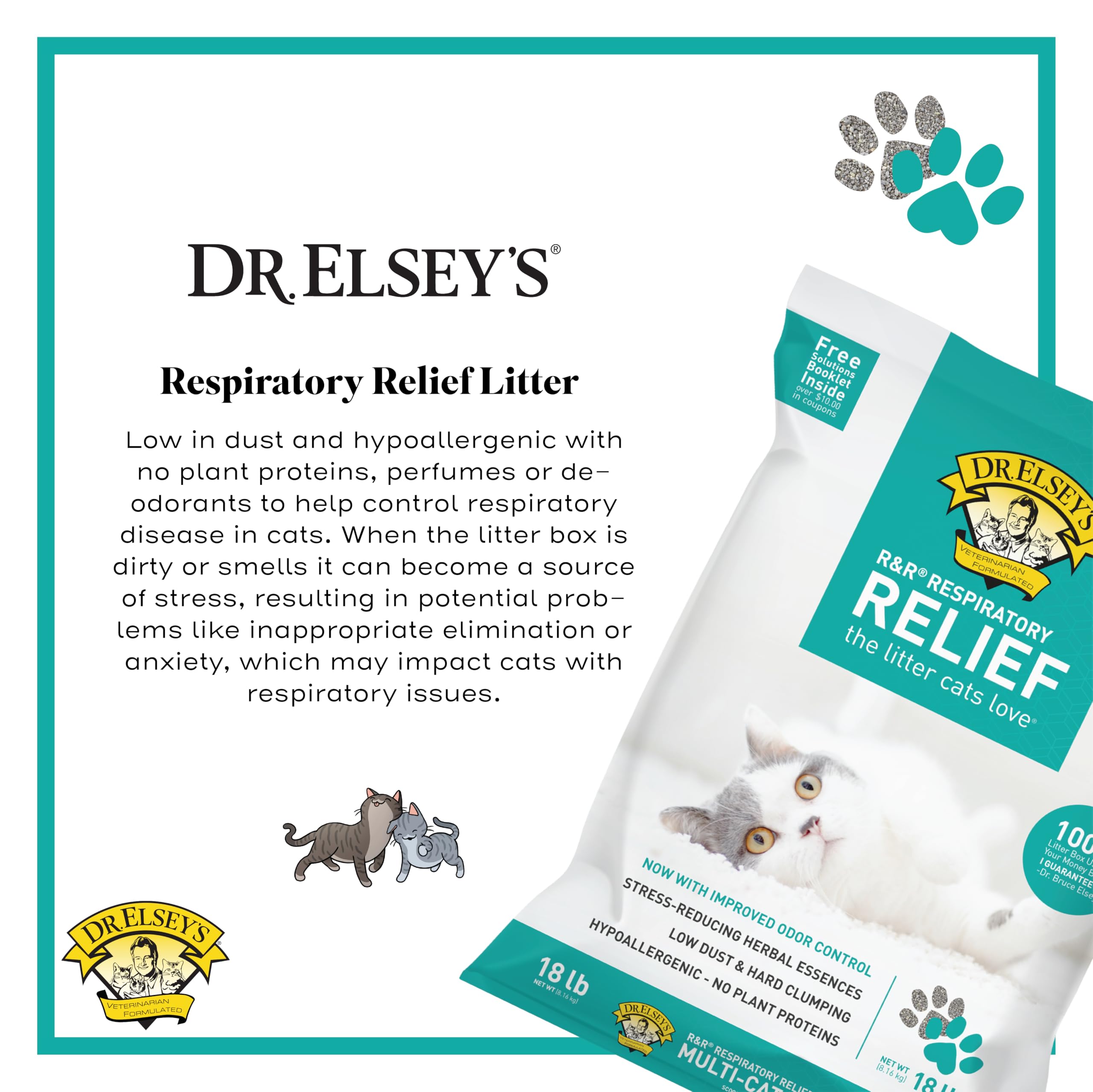 Dr. Elsey's low-dust litter keeps air cleaner for sensitive cats.