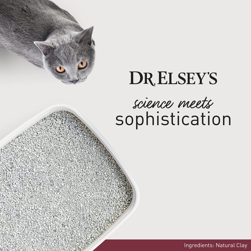 Low-dust Dr. Elsey's litter formula visible with minimal airborne dust around the box.