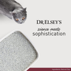 Low-dust Dr. Elsey's litter formula visible with minimal airborne dust around the box.